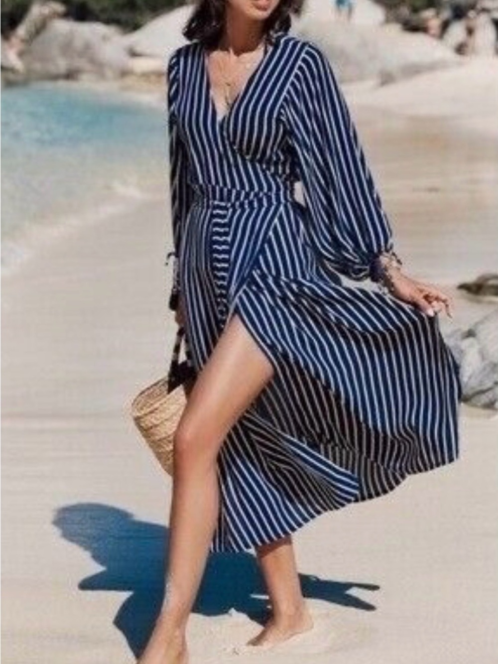 FAITHFULL THE BRAND Atlas Story Stripe Wrap Midi Dress Navy White SZ XS EUC
